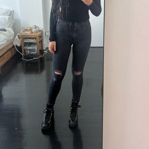 Rag and Bone high rise skinny jeans in washed black raw hem distressed